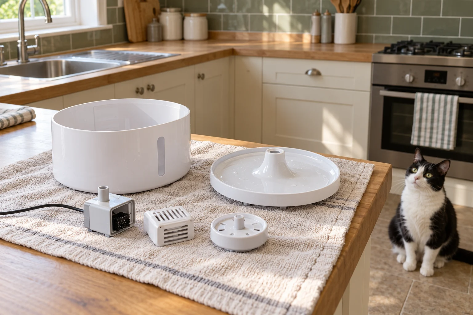 Unplugged drinking fountain and removable parts laid out for cleaning beside a kitchen sink