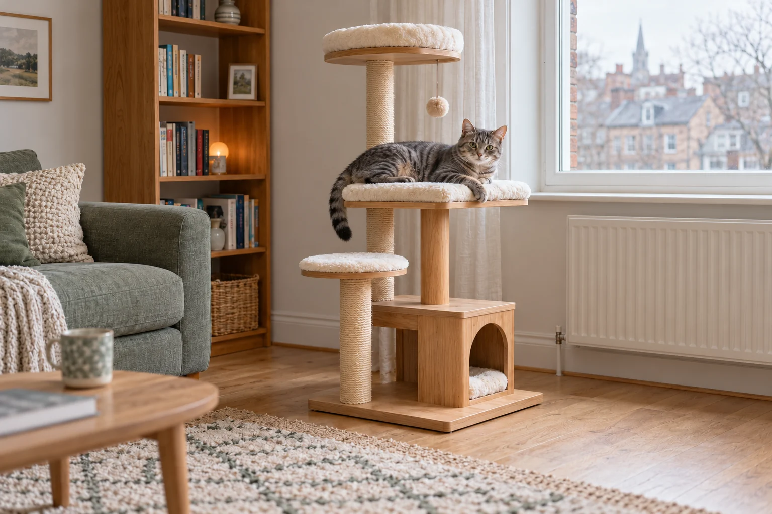 Tabby resting on a compact cat tree beside a window in a small living room