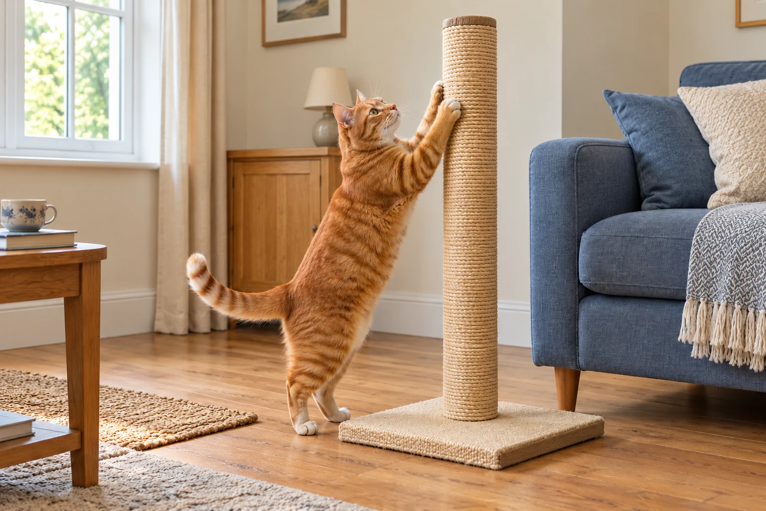 Ginger cat stretching against a tall sisal post beside a sofa
