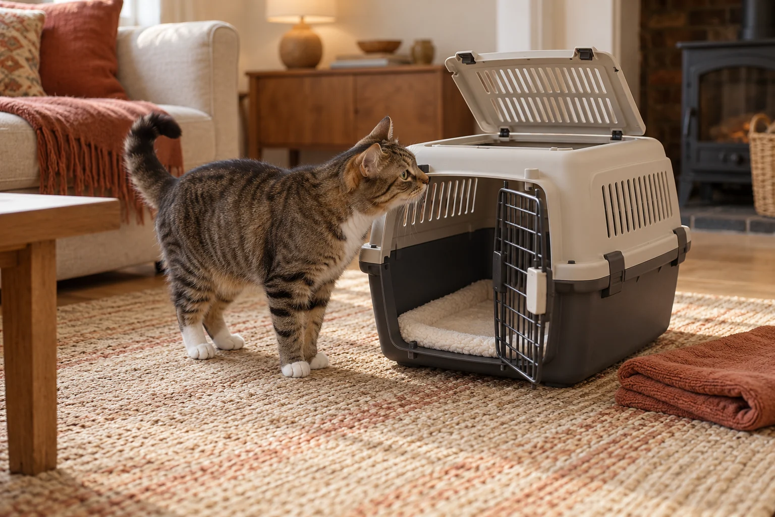 Tabby investigating an open rigid carrier with a broad top opening and clean liner