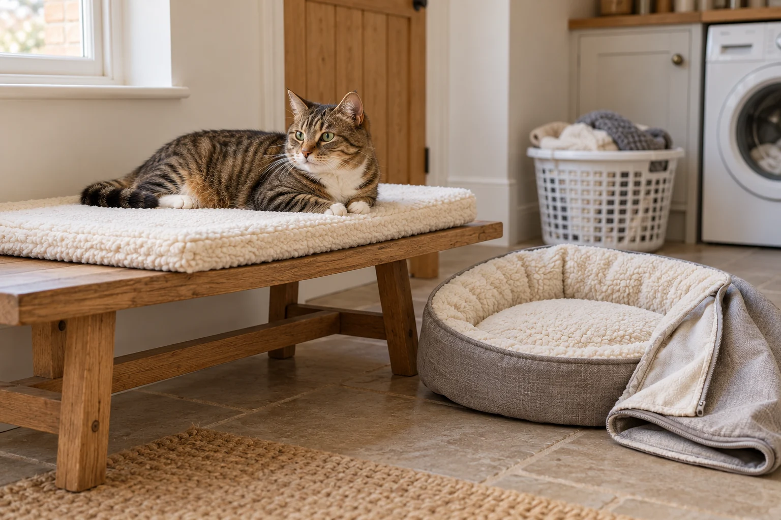 Tabby resting on clean fleece with a washable pet bed and folded cover nearby