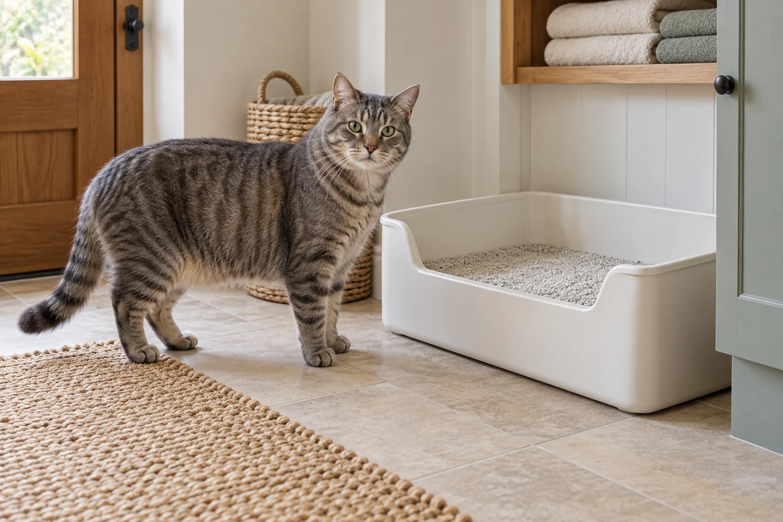 Large grey tabby beside a spacious open litter tray in a quiet utility room